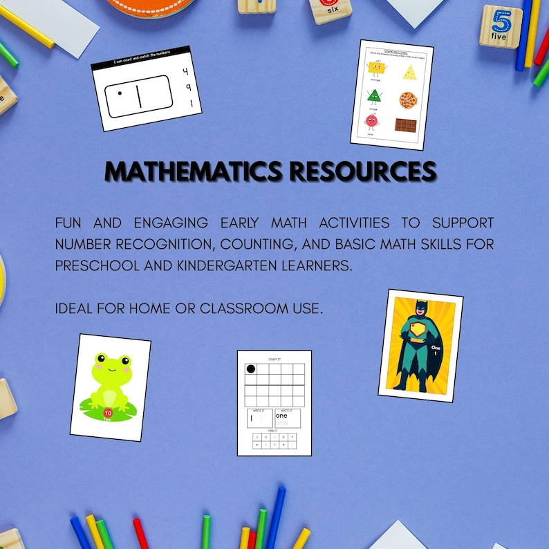 May include: A set of educational mathematics resources on a blue background, featuring printable activity sheets with number recognition, counting tasks, a frog illustration, a superhero graphic, and various colorful wooden number blocks.