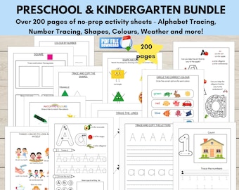 Preschool and Kindergarten Worksheets Bundle, 200+ Printable Activities, Alphabet, Phonics, Numbers & Math, Homeschool Learning Pack
