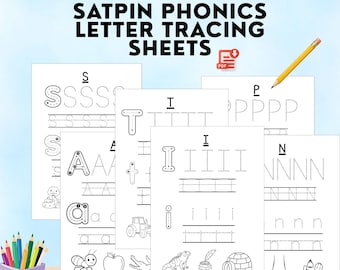 May include: SATPIN Phonics Letter Tracing Sheets featuring black and white printable pages with dotted letters for practice, accompanied by a yellow pencil and a PDF icon. Each sheet includes illustrations like an ant, apple, alligator, iguana, ink, igloo, nose, and nuts.