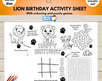 Lion Birthday Party Activity Sheet Fun Party Placemat, Kids Coloring & Puzzle Page,
