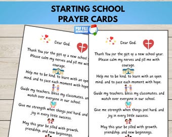May include: Two white rectangular prayer cards featuring the text Starting School Prayer Cards at the top. The cards contain a prayer addressed to Dear God, decorated with small colorful icons of hearts, a school building, and children.