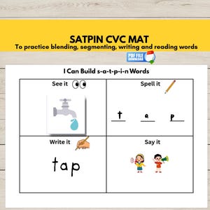 Może przedstawiać: Biała mata edukacyjna z tekstem "SATPIN CVC MAT" i "I Can Build s-a-t-p-i-n Words". Mata zawiera ilustracje i instrukcje dotyczące mieszania, segmentacji, pisania i czytania słów. Zawiera obraz kranu i słowo "tap".