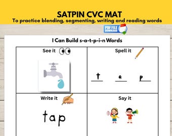 SATPIN Phonics CVC Word Builder Mat Printable, Kindergarten Literacy Activity, Preschool Reading Practice Board, Homeschool Phonics