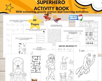 May include: A 40-page digital superhero activity book featuring coloring pages, alphabet tracing, word searches, mazes, and counting exercises. The printable sheets include illustrations of caped characters, a hero on a throne, and text.