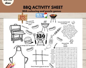 BBQ Activity Placemat, Barbecue Coloring Sheet Printable, Kids Puzzle Activities