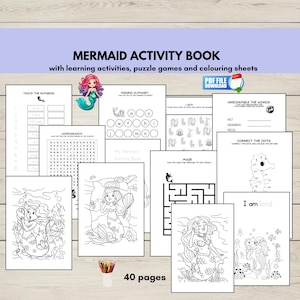 Mermaid Activity Book Printable, Fun Kids Mermaid Coloring Pages, Instant Download PDF,