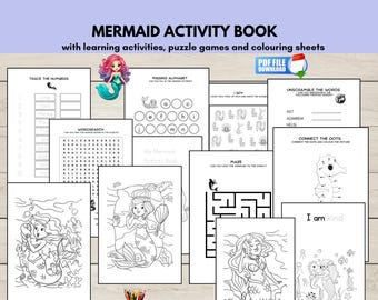 Mermaid Activity Book for Kids (Printable PDF), Fun Kids Coloring Pages, Puzzles and Worksheets, Instant Download,