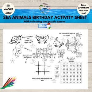 Under The Sea Birthday Party Activity Placemat Printable, Ocean Party Activity Games Mat, Sea Animals Coloring Page,