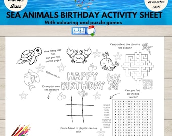 Under The Sea Birthday Party Activity Placemat Printable, Ocean Party Activity Games Mat, Sea Animals Coloring Page,