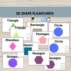 May include: A set of educational flashcards displaying 2D shapes such as triangles, rectangles, and circles. Each card shows the shape's name, colour, and geometric properties. The text "2D SHAPE FLASHCARDS" is at the top.