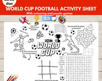 Kids Football World Cup 2026 Activity Placemat Printable, Soccer Puzzles & Coloring Worksheet, Party Games Sheet