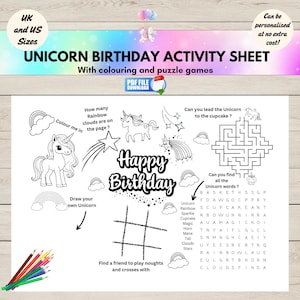 Unicorn Birthday Party Printable, Unicorn Birthday Activity Sheet, Kids Unicorn Coloring Party Favour,