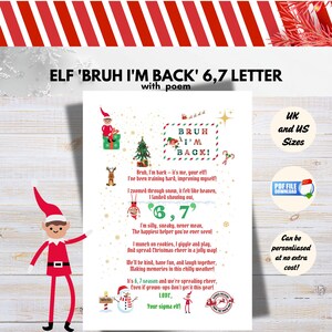 May include: A festive print with the text "ELF 'BRUH I'M BACK' 6,7 LETTER" and a poem. The design includes elf illustrations, a Christmas tree, and the words "UK and US Sizes". The print is available as a PDF download.