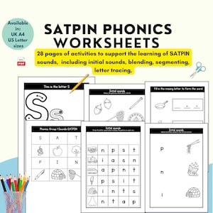 SATPIN Phonics Worksheets, Beginning Sounds and CVC Words Activities Printable, Letter Tracing, Group 1 Phonics Learning Activity Bundle