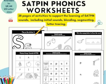 SATPIN Phonics Worksheets, Beginning Sounds and CVC Words Activities Printable, Letter Tracing, Group 1 Phonics Learning Activity Bundle
