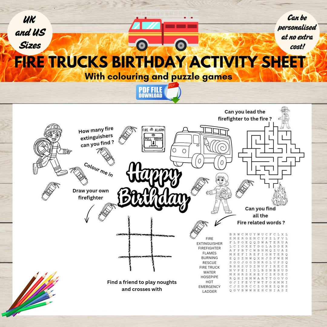 Fire Truck Birthday Activity Sheet Printable, Firefighter Party ...