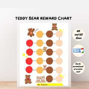 May include: A white framed "TEDDY BEAR REWARD CHART" with a yellow and red reward path. The chart includes teddy bear illustrations and the text "START" and "MY REWARD". Additional text includes "UK and US Sizes", "PDF FILE DOWNLOAD", and "Can be personalised at no extra cost!"