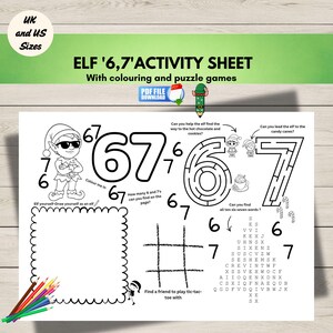 Printable Elf '6,7' Christmas Activity Sheet, Trending Kids Funny Six Seven Meme, Coloring Page and Puzzle Games,