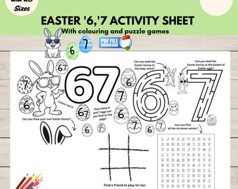 Printable Easter Bunny 67 Activity Sheet, Kids Funny Bunny SIx Seven Meme, Coloring Page & Puzzle Games Placemat,