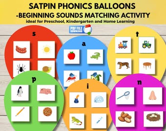 SATPIN Beginning Sounds Practice Activity, Printable Phonics Balloons Game, Letter Sounds Matching, Preschool & Kindergarten Literacy Center