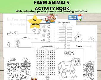 Farm Animals Activity Book for Kids, Printable Learning Activities, Puzzle & Coloring Pages, Classroom and Homeschool PDF