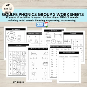 Drukowane arkusze ćwiczeń dla grupy fonetycznej 3 GOULFB, słowa CVC, dźwięki początkowe, zajęcia dla przedszkolaków i uczniów klas młodszych, nauka w domu, pliki PDF