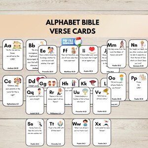 May include: A set of white rectangular alphabet Bible verse cards featuring black text, colorful illustrations for each letter from A to X, and corresponding scripture references. The cards are arranged in rows with the title Alphabet Bible Verse Cards.