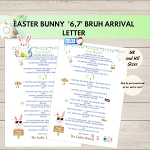 Puede incluir: Carta de llegada del conejo de Pascua '6,7' Bruh imprimible. El diseño presenta un poema lúdico con una ilustración de conejito, disponible en tamaños del Reino Unido y EE. UU. El texto incluye la frase "Felices Pascuas".