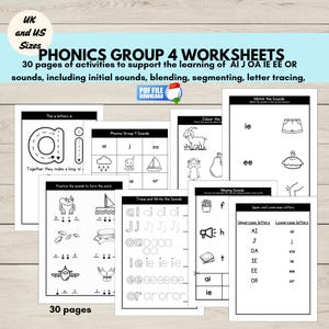 Phonics Group 4 Worksheets Printable PDF, ai j oa ie ee or Letter Sounds, Phonics Practice for Preschool & Kindergarten,