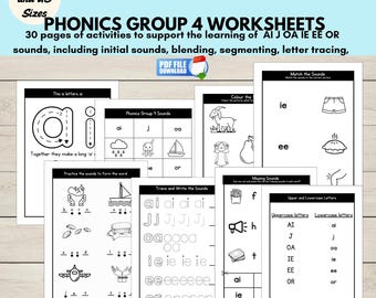 Phonics Group 4 Worksheets Printable PDF, ai j oa ie ee or Letter Sounds, Phonics Practice for Preschool & Kindergarten,