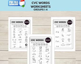 CVC Words Worksheets, Phonics Groups 1-4 Sounds, Literacy Activity, Instant PDF Download,