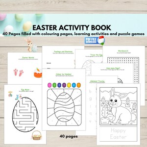 Libro di attività pasquali per bambini, pagine da colorare stampabili, pacchetto didattico per bambini in età prescolare e dell'asilo, attività con i coniglietti