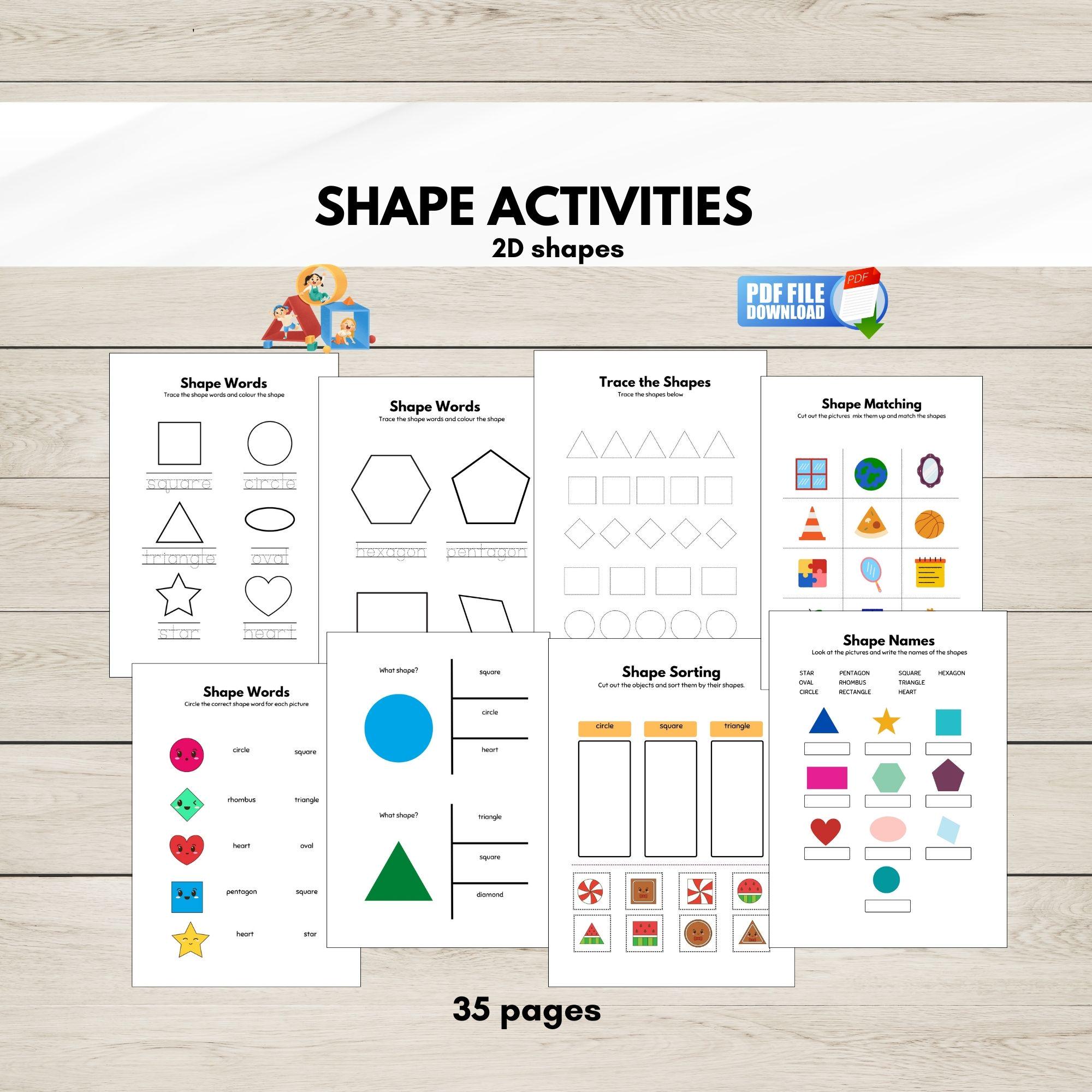 2D Shapes Worksheets Printable, Shape Activity Pack for Preschool and ...