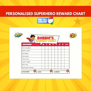Personalised Superhero Chore Chart, Kids Printable Behaviour Reward Chart, PDF,