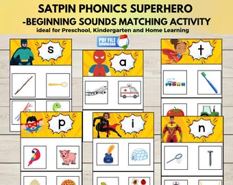 SATPIN Phonics Superhero Activity Boards Printable, Group 1 Beginning Initial Sounds, Letter Sounds Matching Cards