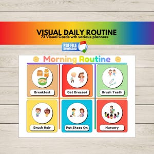 May include: A colourful chart with the title "Morning Routine" and six illustrated circles depicting daily activities: breakfast, getting dressed, brushing teeth, brushing hair, putting on shoes, and nursery.