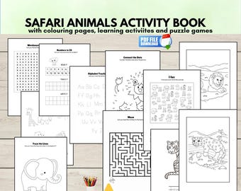 Safari Animals Activity Pages, Jungle Coloring Book, Learning Pack for Kids