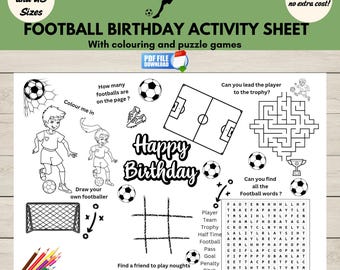 Hoja de actividades de cumpleaños de fútbol para imprimir, página para colorear y rompecabezas de fútbol, recuerdo para fiestas infantiles