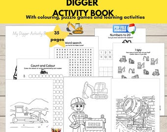 Digger Activity Book, Construction Vehicles Color Pages, Printable Kids Puzzles, Learning Workbook, Screen Free Activities