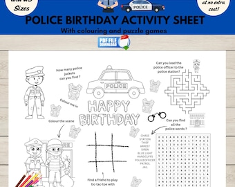 Police Birthday Party Activity Sheet, Kids Police Printable Coloring Placemat, Kids Party Favor,