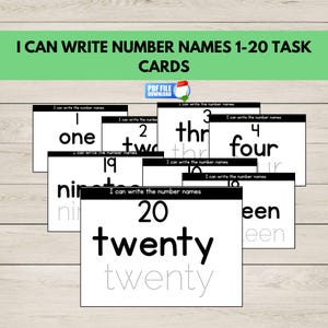 I Can Write the Number Names 1 to 20 Task Cards, Kindergarten Math Centers, Preschool Number Activity,