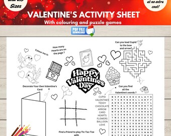 子供向けバレンタインデーアクティビティシート、印刷可能なバレンタインぬり絵＆ゲームシート、PDFの即時ダウンロード、