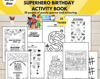 Superhero Birthday Activity Book, Kids Party Activity Printable, Superhero Party Favor, Puzzle Games & Coloring Pages