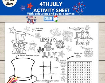 4th July Activity Sheet Printable, Fourth of July Party Placemat for Kids, Independence Day Coloring Page