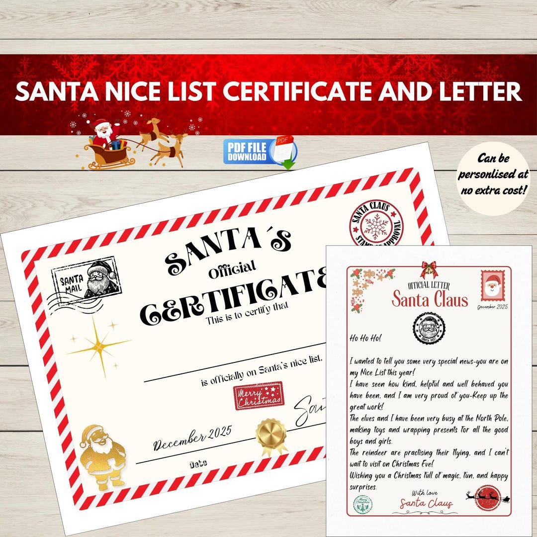Santa Nice List Certificate and Letter From Santa Printable Set, Kids ...