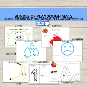 Pack d'activités Tapis en pâte à modeler, couleurs, formes, chiffres, ABC, nourriture, météo, émotions, cartes visuelles Play Doh, activité de motricité fine,