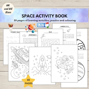 May include: A space-themed activity book with 50 pages of learning activities, puzzles, and coloring pages. The cover features the text "SPACE ACTIVITY BOOK" and "50 PAGES". Includes alphabet tracing, word searches, mazes, and number activities.