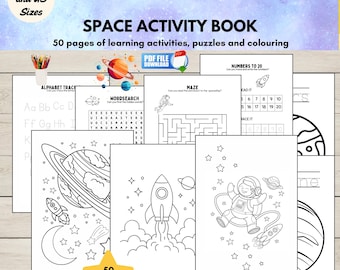Space Activity Book for Kids Printable, Outer Space Theme Worksheets, Learning Activities, Coloring Pages, Puzzle Games