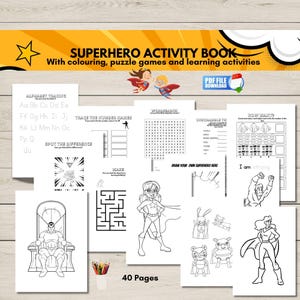 Libro de actividades de superhéroes para niños, páginas para colorear de superhéroes para imprimir, actividades de rompecabezas de cómics, material didáctico imprimible, descarga instantánea.