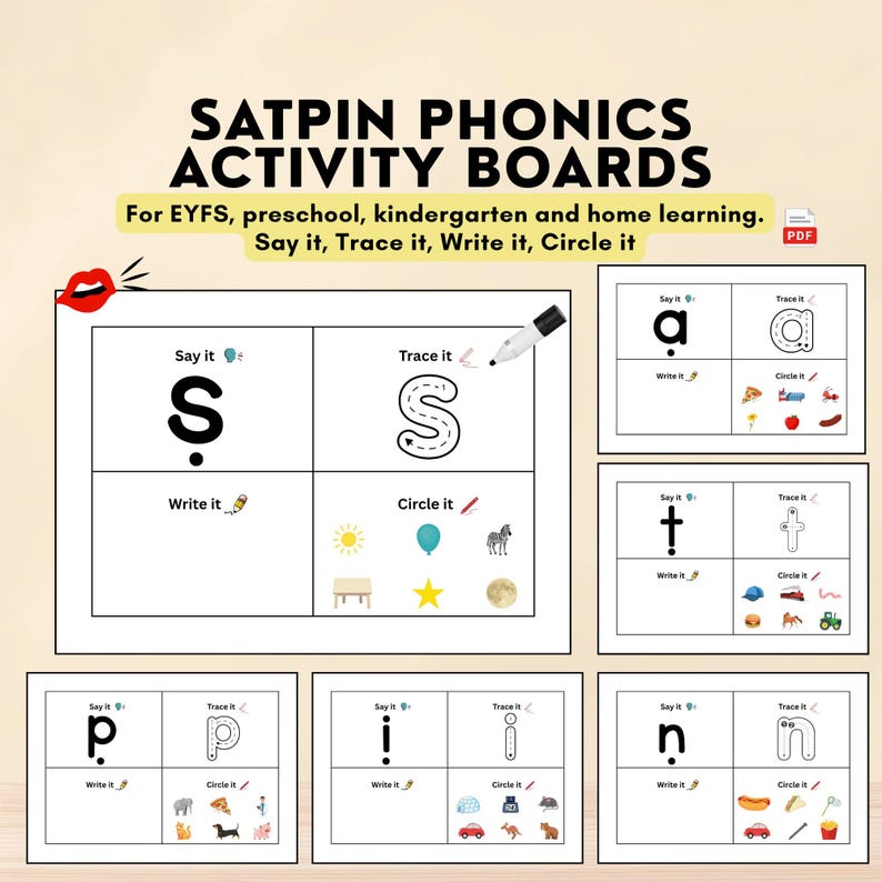 S A T P I N Printable Phonics Sounds Activity Boards.